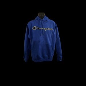 Champion Sweatshirt Hoodie Embroidered Logo Pullover Kangaroo Pocket Blue Mens L